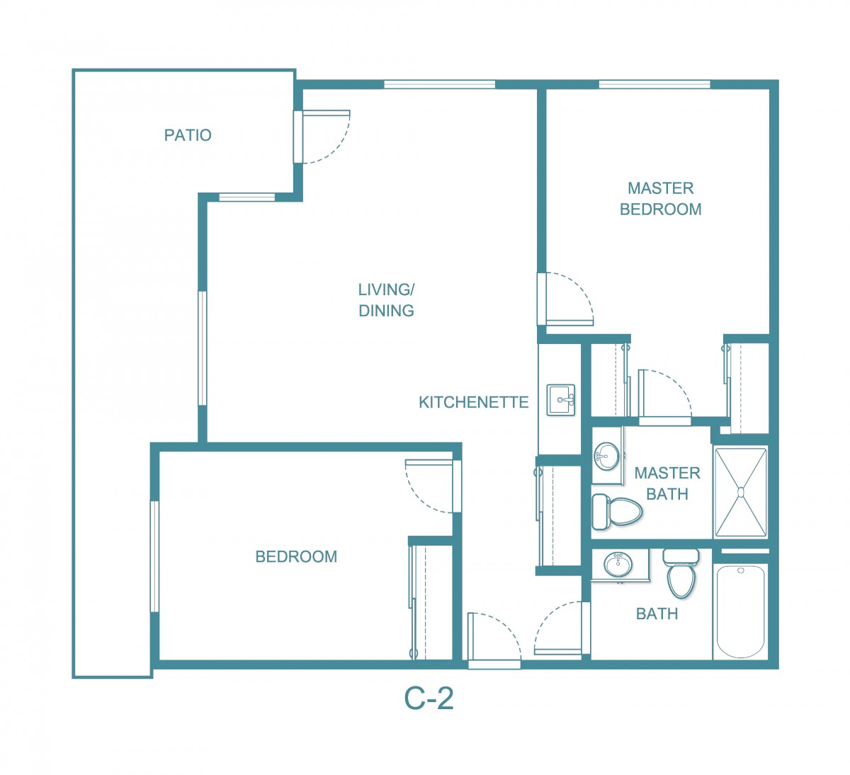 A floor plan depicting a two-bedroom apartment layout with a living area, kitchen, and bathrooms.