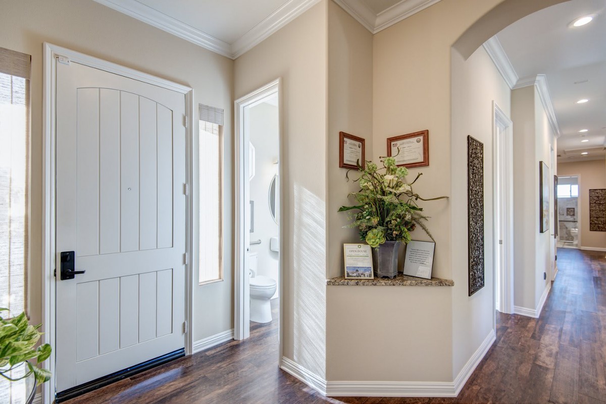 A well-lit hallway with wooden flooring, decorated with plants and picture frames.