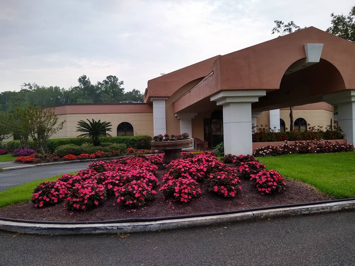 A building with a landscaped garden and vibrant flowers in the foreground.