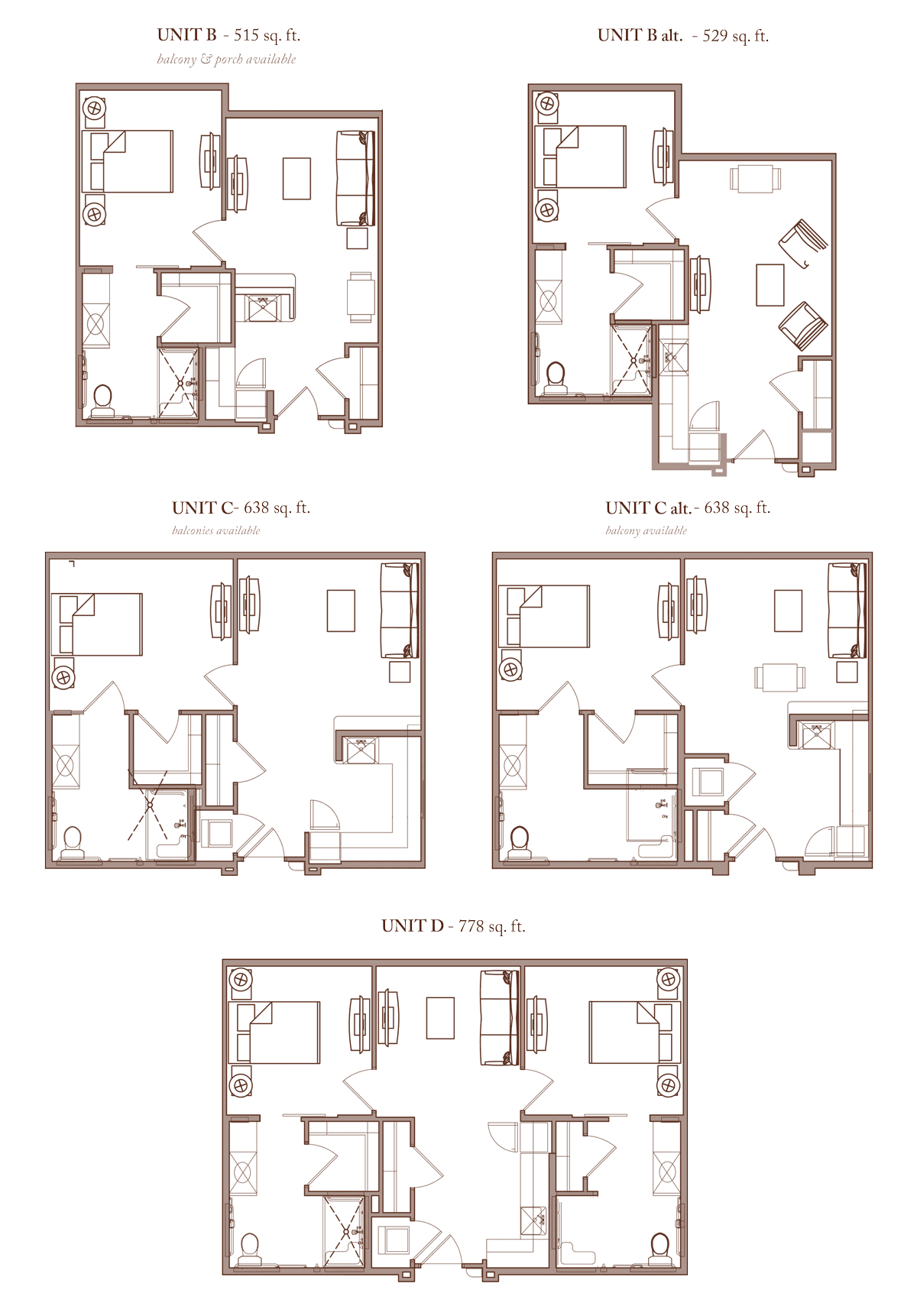 A collection of architectural floor plans for various apartment layouts.