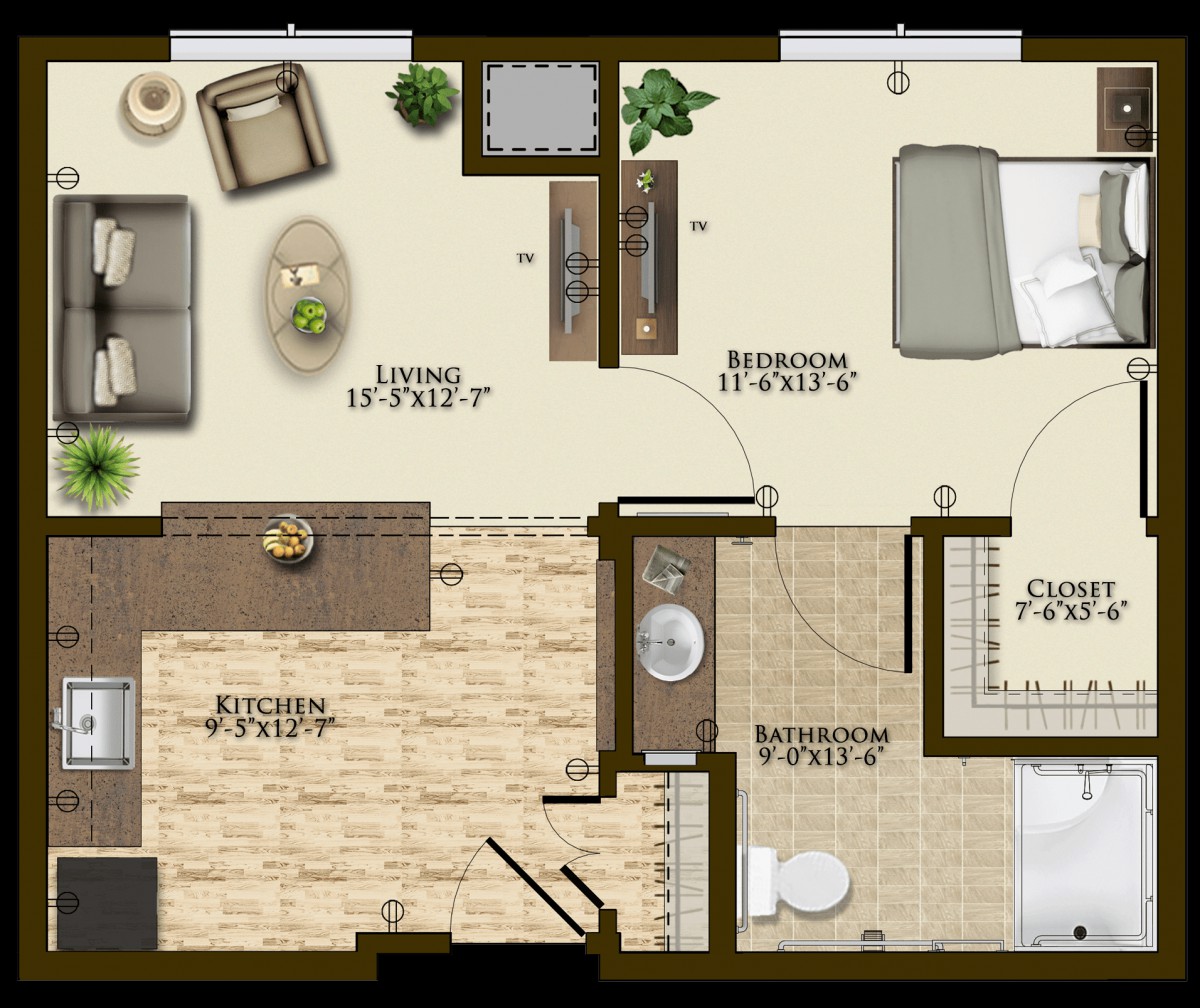 A detailed floor plan of a modern apartment showing the living room, kitchen, bedroom, and bathroom layout.