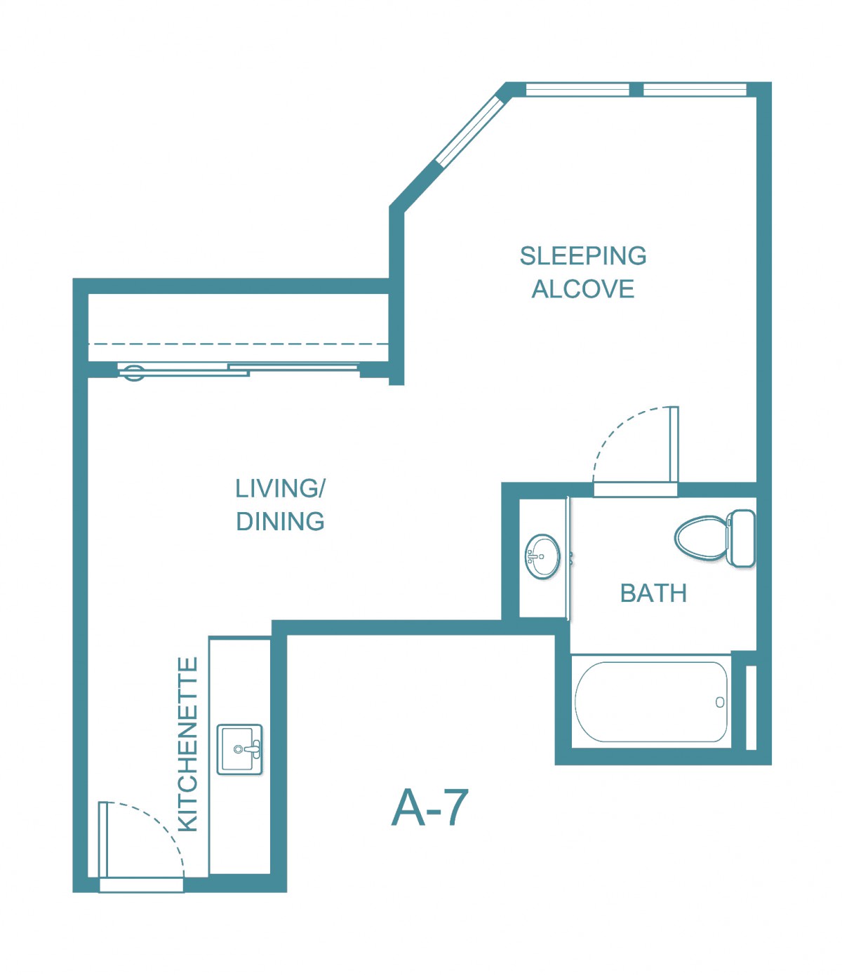 Studio apartment floor plan with a kitchenette, bathroom, and sleeping alcove.