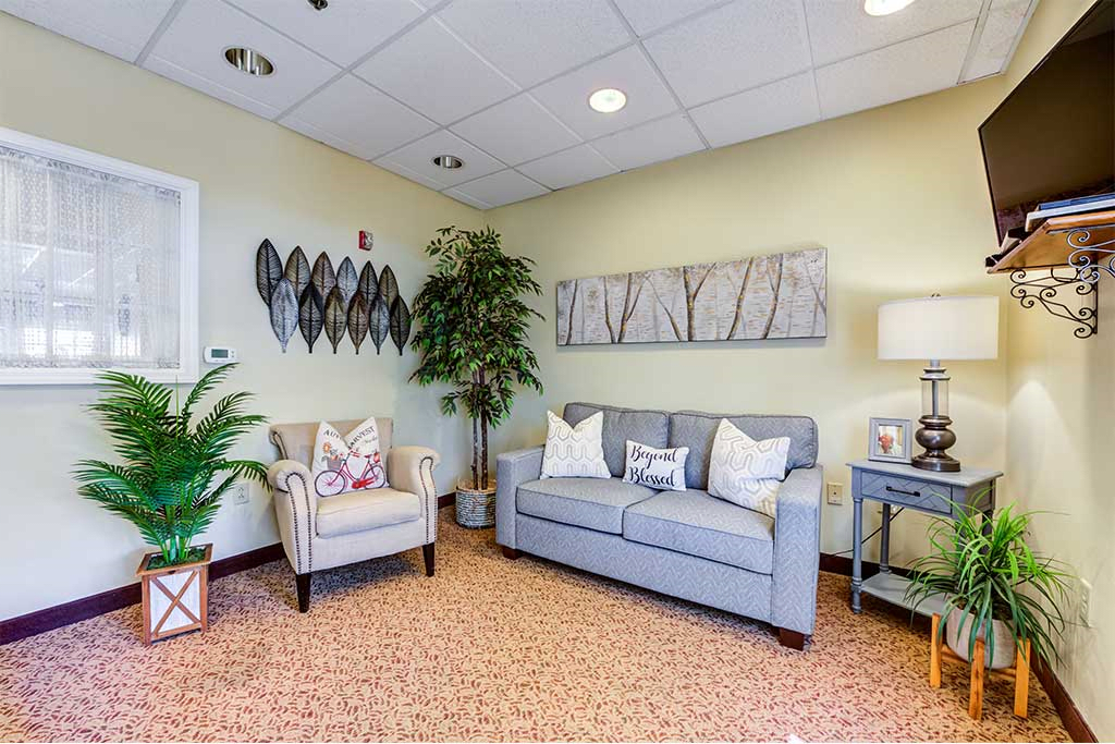 A cozy waiting room with a sofa, armchair, and decorative plants.