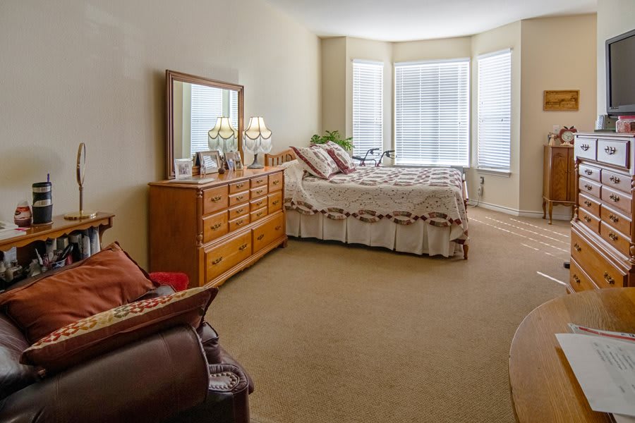 A cozy bedroom with a large bed, wooden dresser, and ample natural light from the windows.