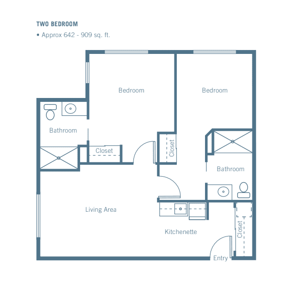 A floor plan of a two-bedroom apartment with a living room, kitchen, and bathroom.