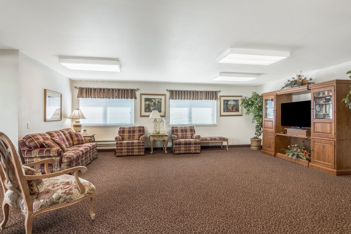 A traditionally styled living room featuring plaid furniture, large windows with curtains, and a carpeted floor.