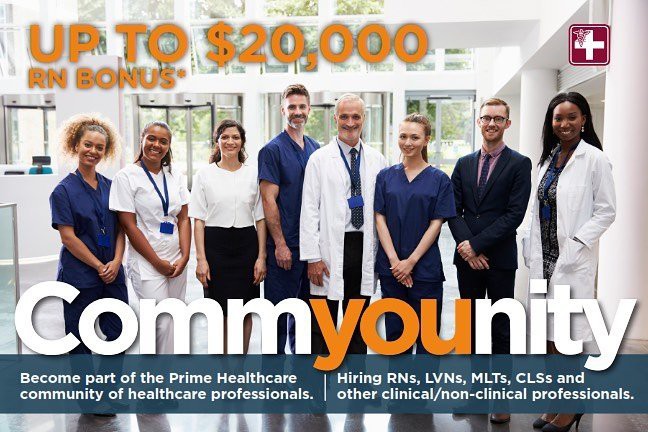 A recruitment advertisement for healthcare professionals offering a bonus up to $20,000.