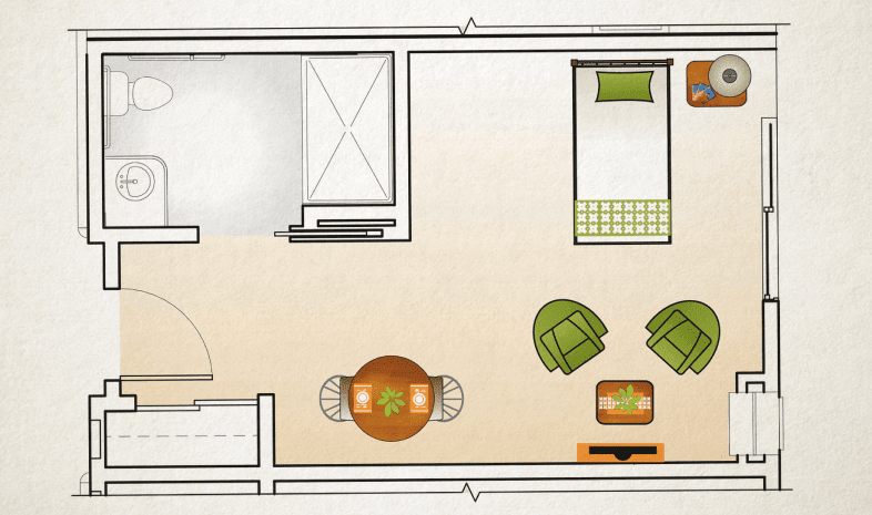 A simple floor plan showcasing a compact apartment layout with designated areas for a bedroom and living room.
