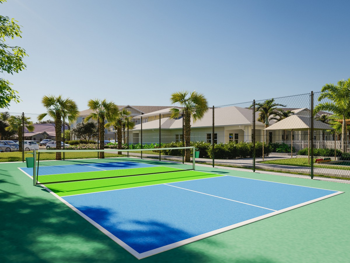A tennis court surrounded by palm trees on a sunny day.