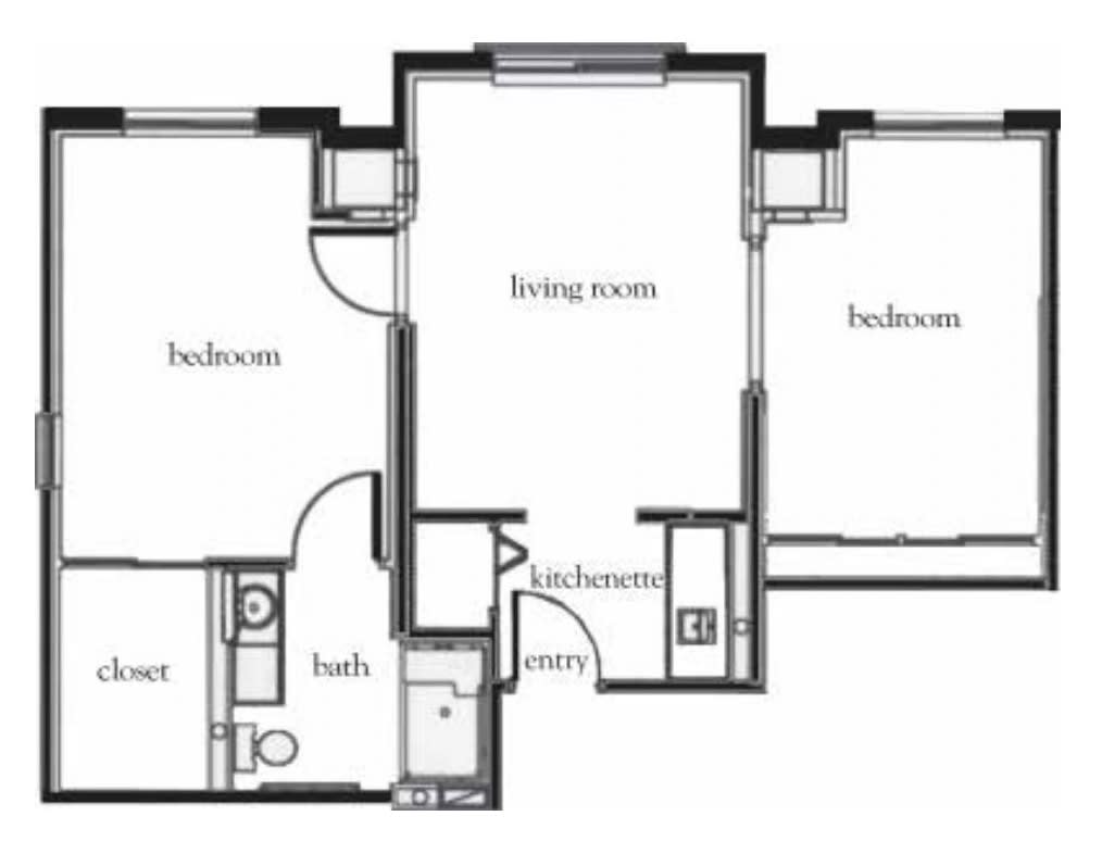 A schematic floor plan of an apartment showing two bedrooms, a living room, and a kitchen.