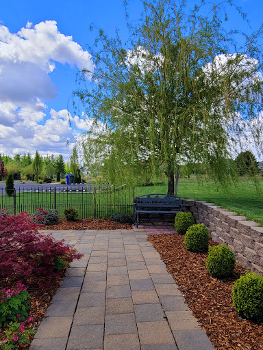 A serene garden scene featuring a beautiful tree, colorful shrubs, and a clear blue sky.