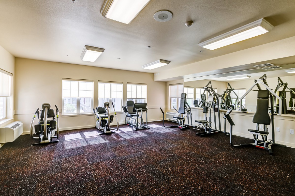 A well-lit gym with various exercise equipment and treadmills.