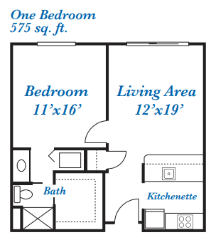 A floor plan for a one-bedroom apartment with a total area of 575 square feet, featuring a living area, bedroom, bath, and kitchenette.