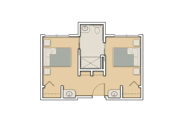 A simple floor plan showing two bedrooms and a shared bathroom.