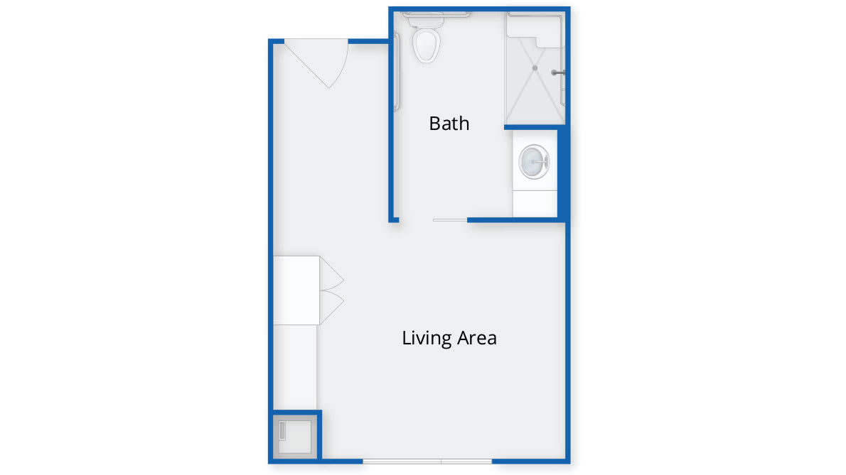 A simple studio apartment floor plan with a living area and bathroom.