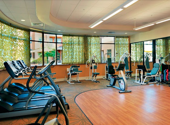 A well-lit gym with modern exercise equipment including treadmills and stationary bikes.