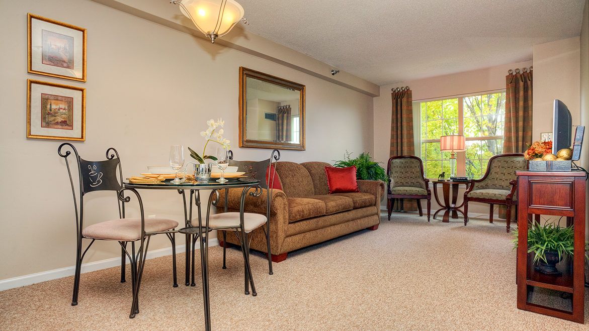 A cozy living room with a sofa, dining table, and decorative elements.