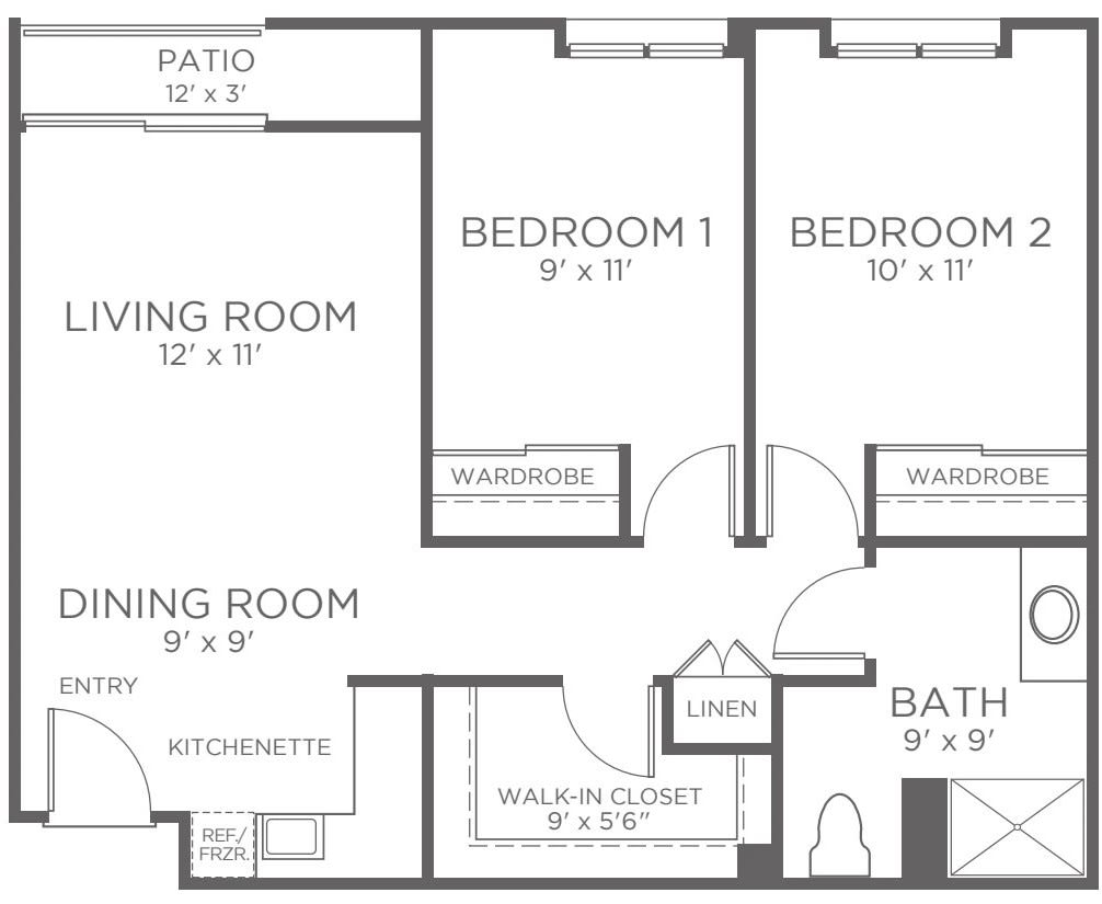 A floor plan of a two-bedroom apartment with a living room, dining room, kitchen, bathroom, and patio.