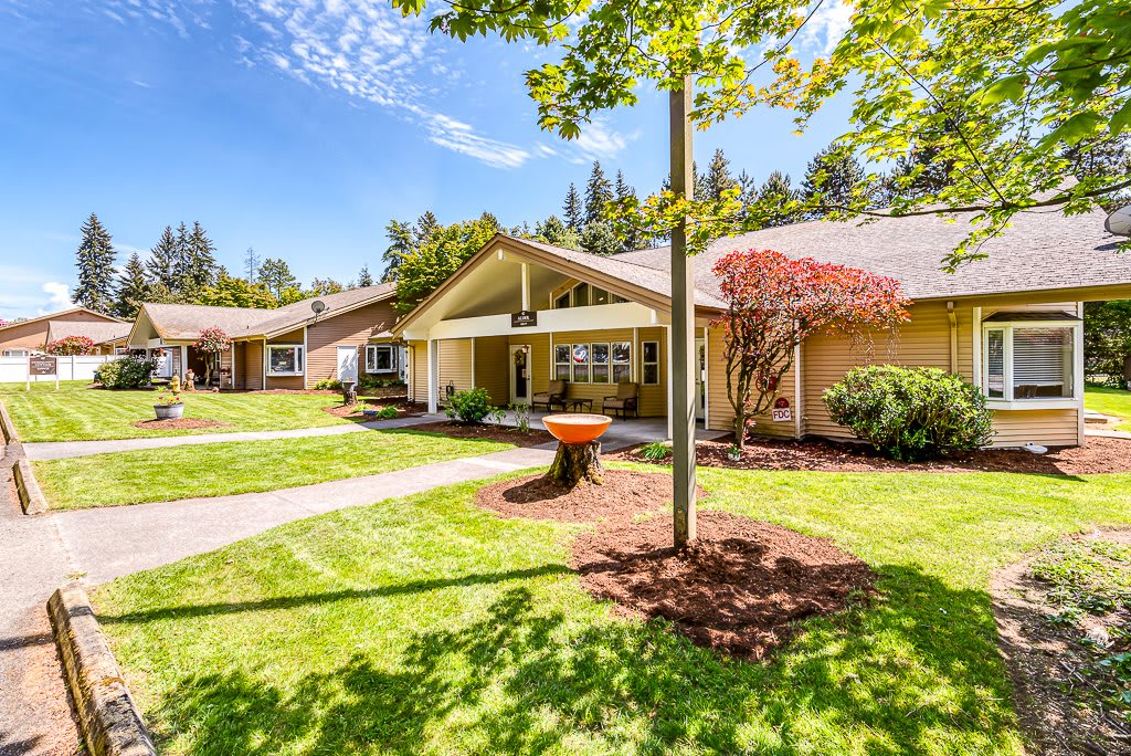 A charming suburban house with a well-maintained lawn and trees on a sunny day.