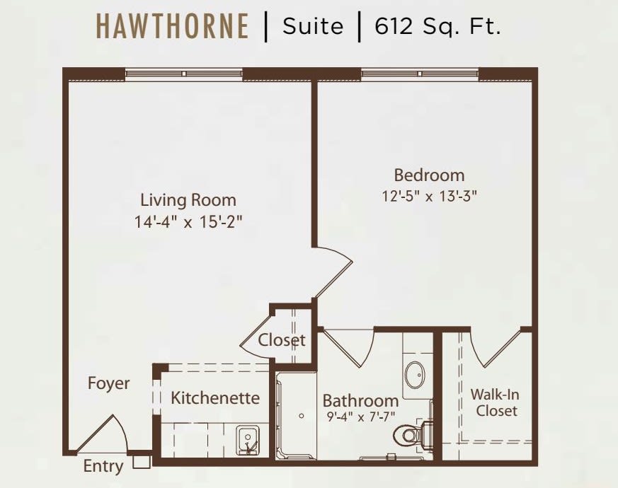Detailed floor plan of the Hawthorne Suite, covering 612 square feet.