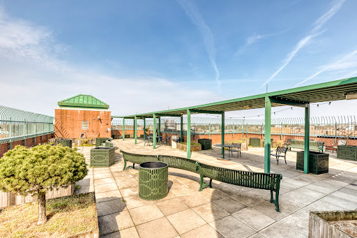 A vibrant rooftop space featuring green benches and a clear blue sky, perfect for relaxation.