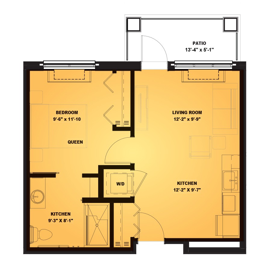 A floor plan of an apartment featuring a bedroom, living-dining area, kitchen, and bathroom, with a patio.