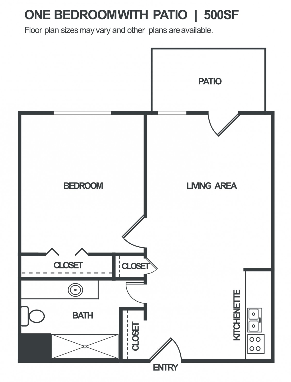 A floor plan of a one-bedroom apartment featuring a living area, kitchenette, bathroom, closet, and patio.
