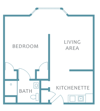 Studio apartment floor plan with bedroom, bathroom, living area, and kitchenette.