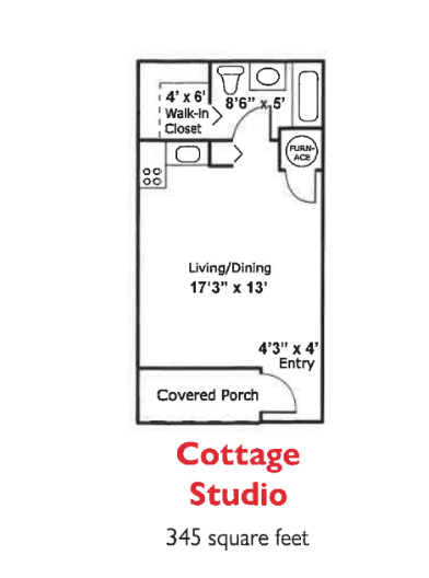 Floor plan of a cottage studio apartment with dimensions and layout details.