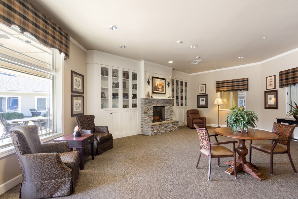 A cozy living room with a fireplace, ample seating, and plenty of natural light.