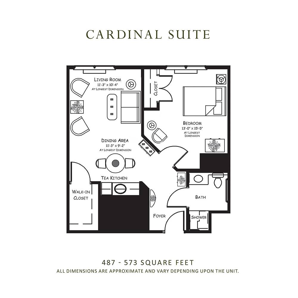 Floor plan layout of the Cardinal Suite, showcasing a living area, bedroom, and bathroom.