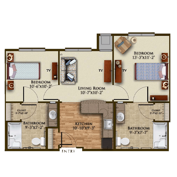 A floor plan of a two-bedroom apartment with a living room, kitchen, and two bathrooms.