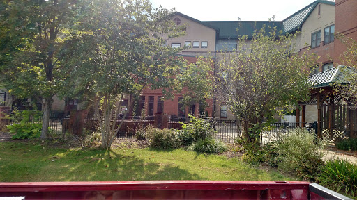 A view of a building surrounded by greenery.