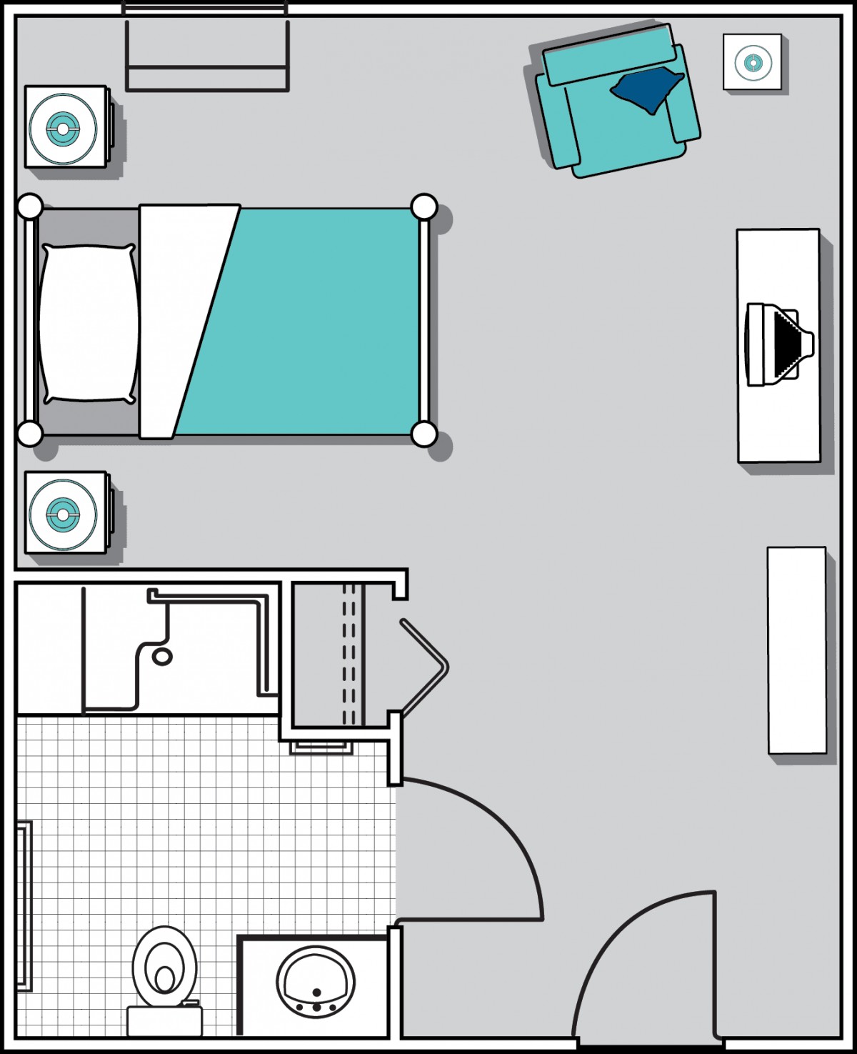 A simple floor plan of an apartment featuring a bedroom, bathroom, and living area with various furniture.