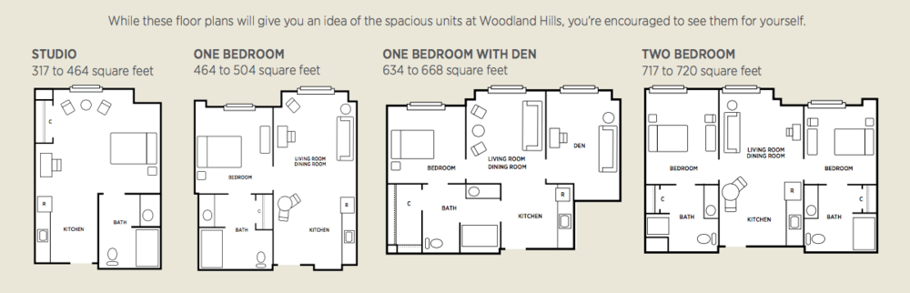 Floor plan of a one-bedroom apartment with a den at Woodland Hills.