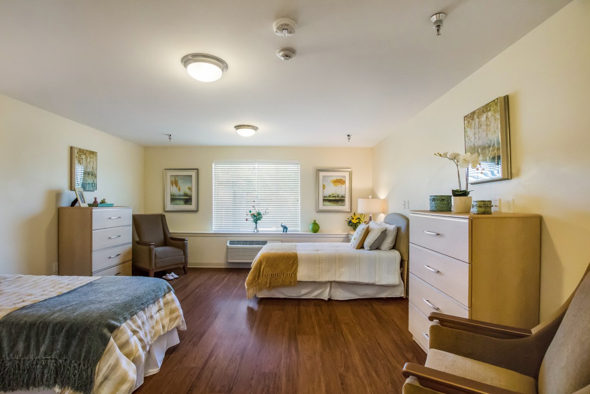 A cozy bedroom interior with two beds, soft lighting, and decorated with framed pictures and plants.