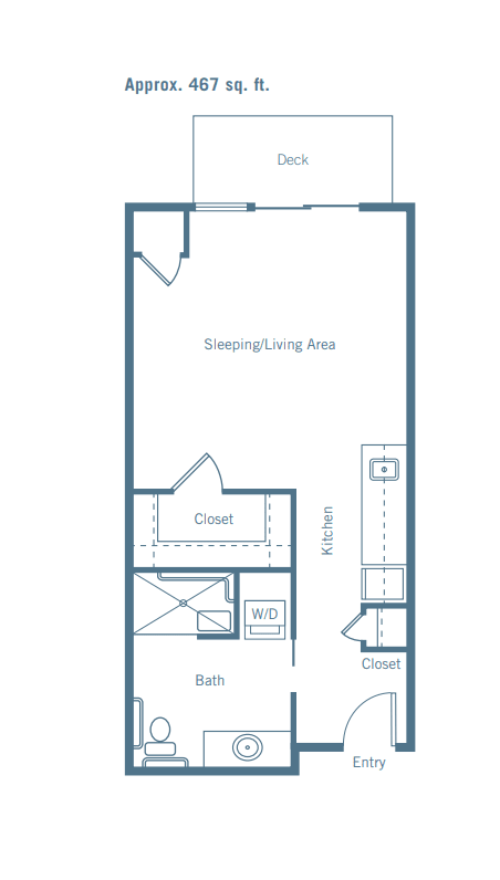 A simple studio apartment floor plan with a combined sleeping and living area.