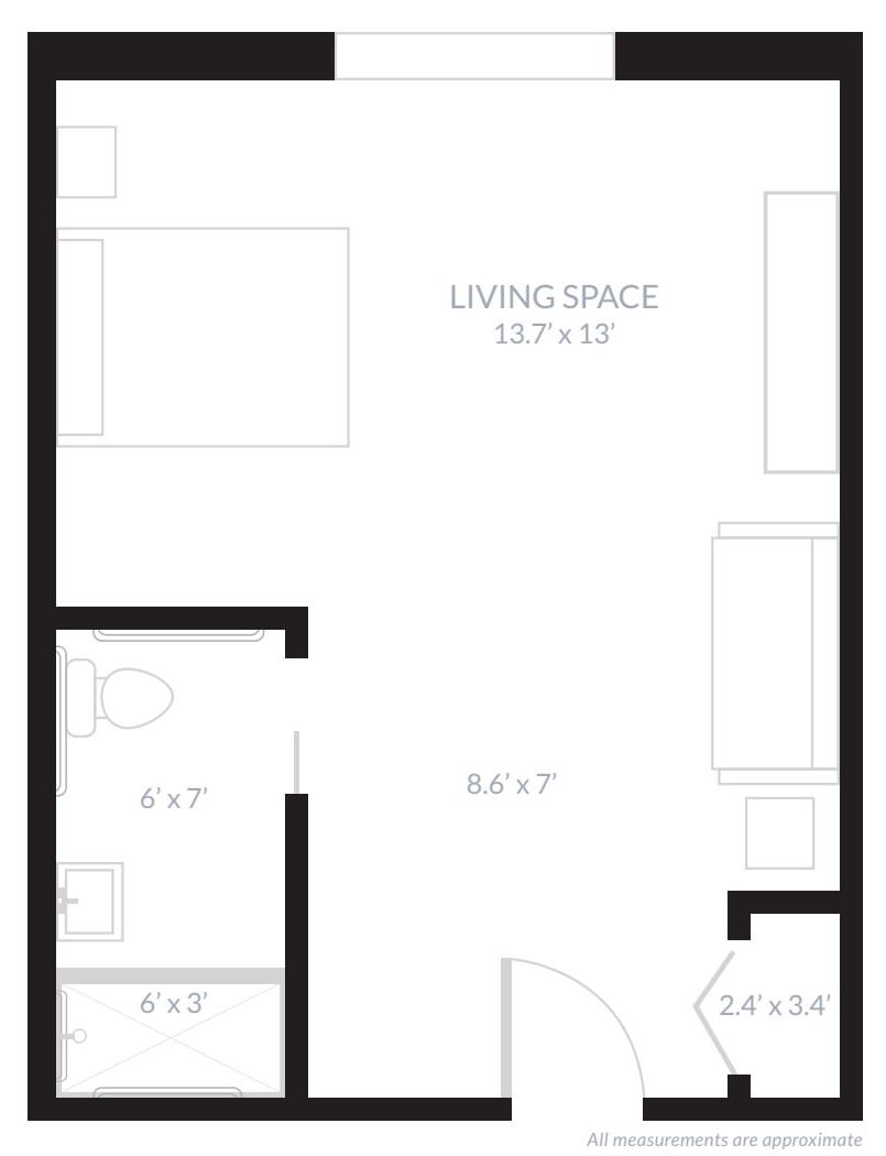 A floor plan of a living space with dimensions and room layout.