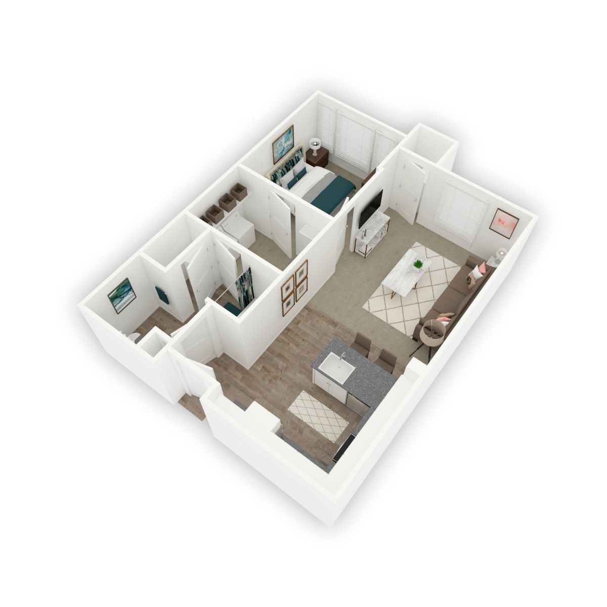 A 3D floor plan of a compact apartment with a bedroom, bathroom, and living area.
