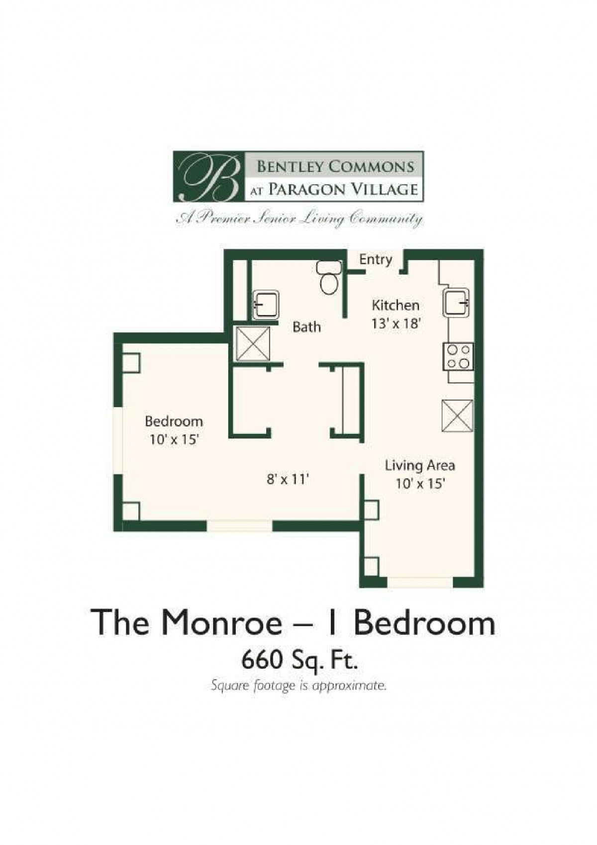 Floor plan of 'The Monroe' - a one-bedroom apartment measuring 660 square feet.