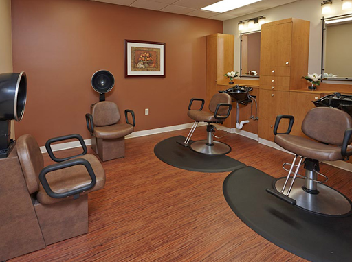 A modern and inviting hair salon interior featuring comfortable styling chairs and a cozy atmosphere.