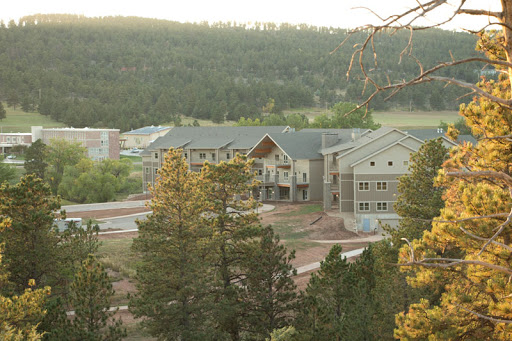 A scenic view of residential buildings nestled among the trees with mountains in the background during sunset.