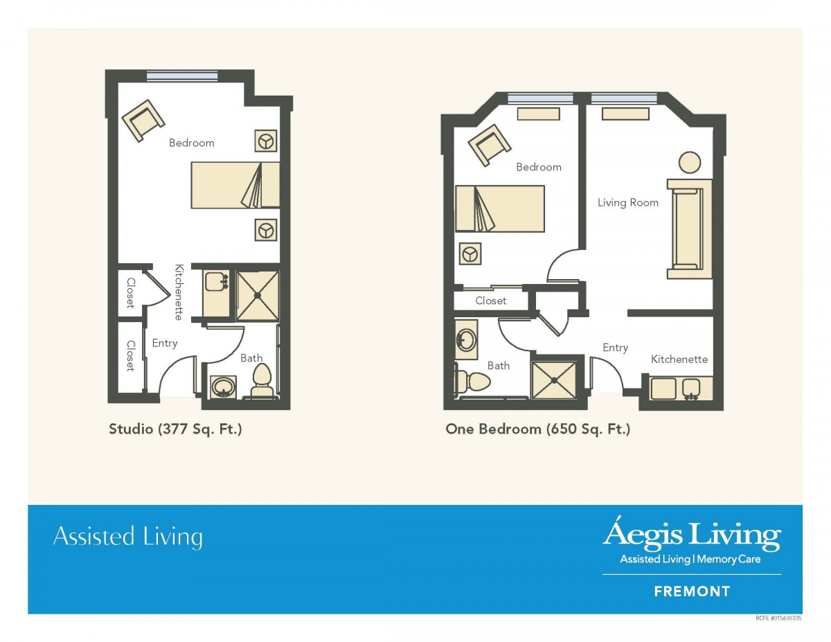 Floor plans for studio and one-bedroom apartments at an assisted living facility.