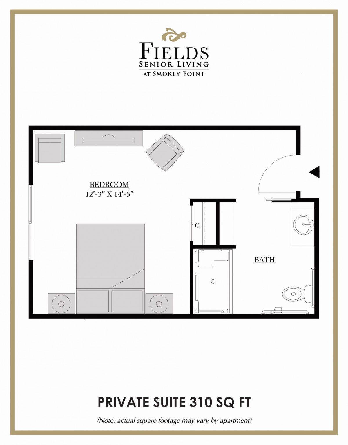 A floor plan illustrating a bedroom layout with attached bathroom.