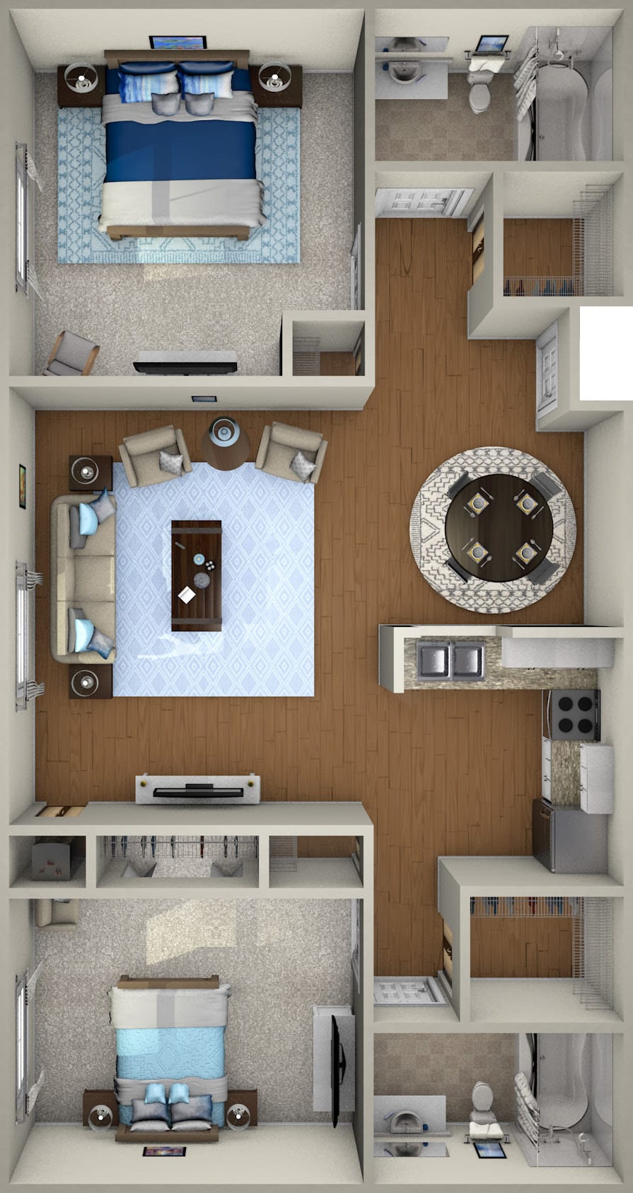 Aerial view of a modern living room floor plan with arranged furniture.