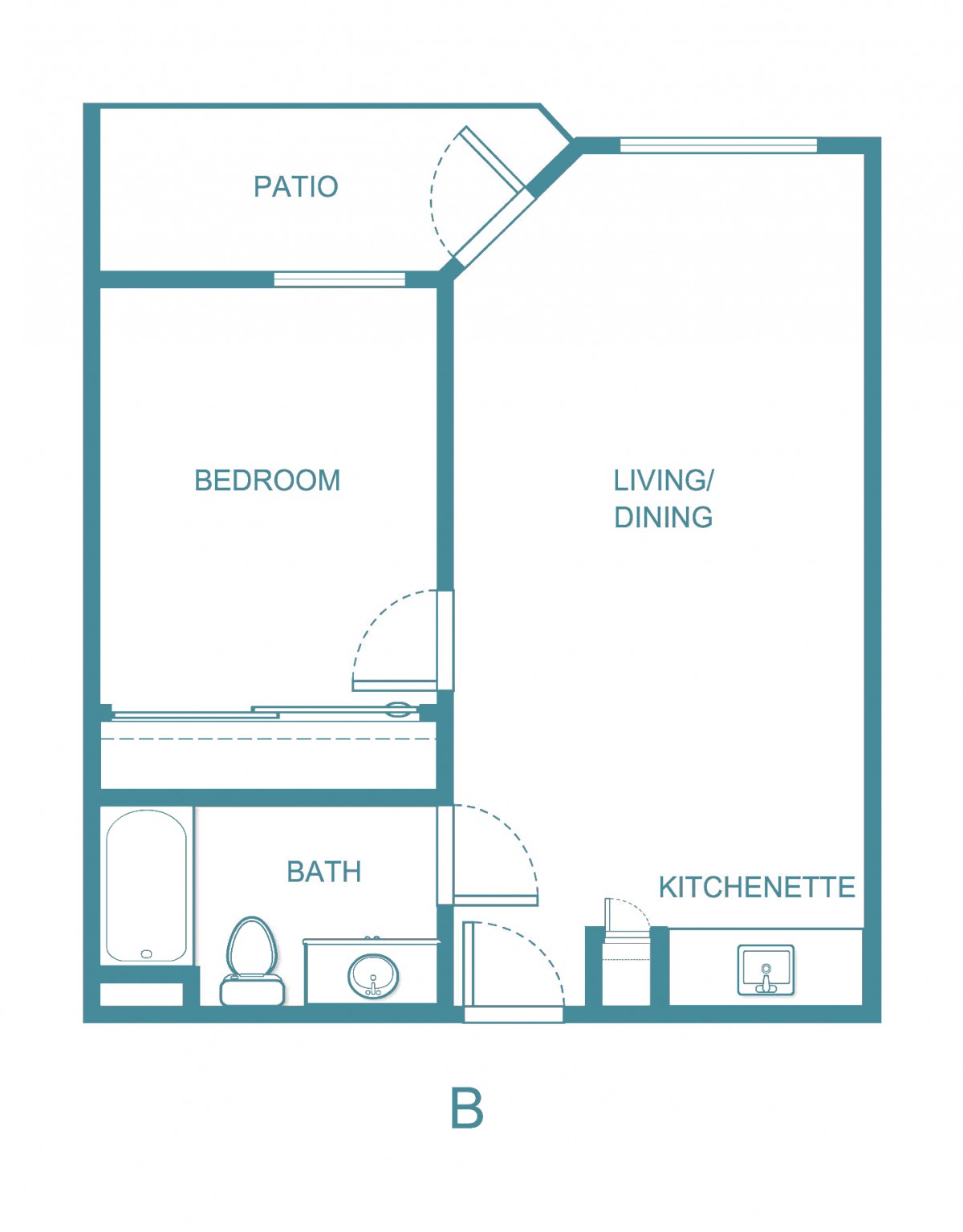 Simple one-bedroom apartment floor plan with patio, living area, kitchenette, and bathroom.