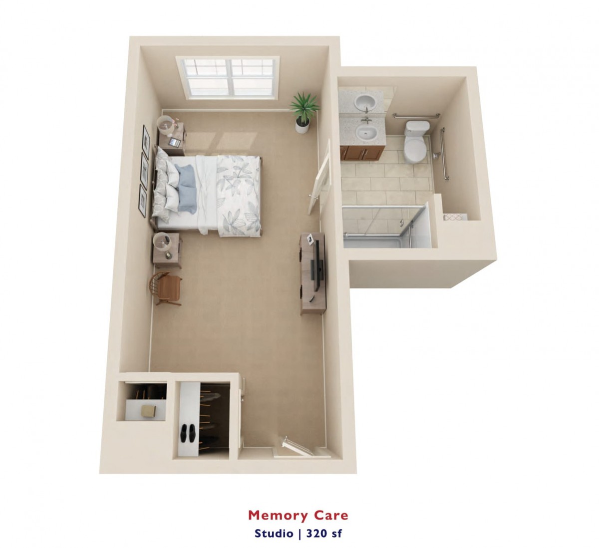 3D floor plan of a memory care studio apartment with bathroom.