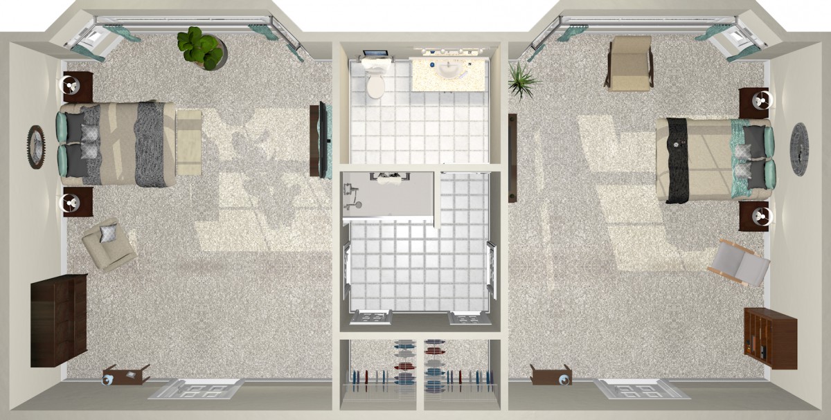 An architectural floor plan showing the layout of an apartment with detailed rooms and furniture placement.
