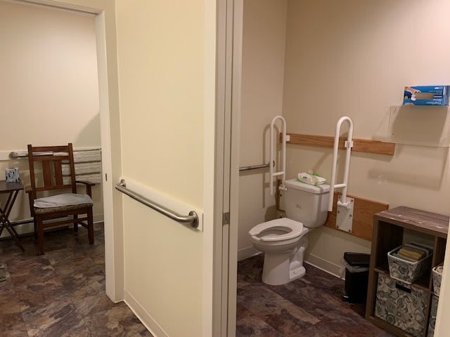 An accessible bathroom with handrails and a view of the open doorway.