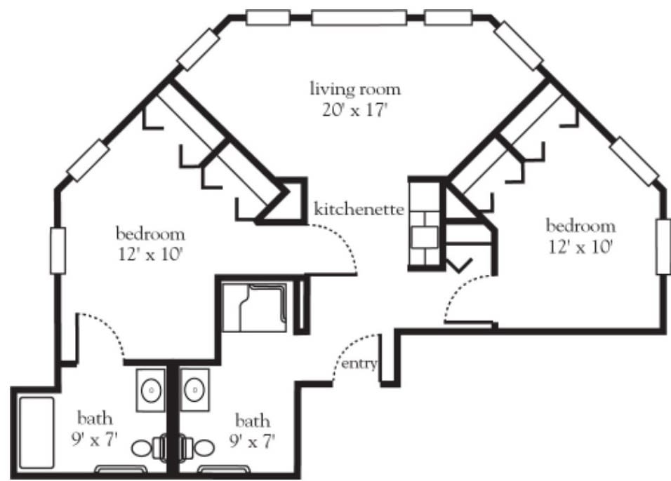 Architectural floor plan of an apartment with two bedrooms, living room, and kitchen.